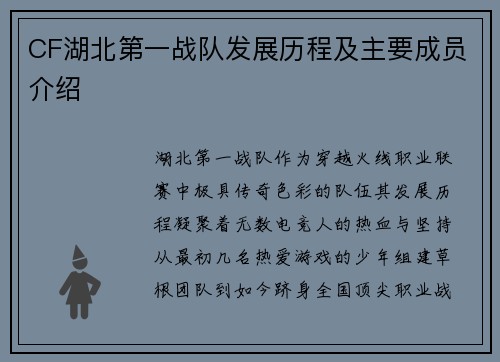 CF湖北第一战队发展历程及主要成员介绍