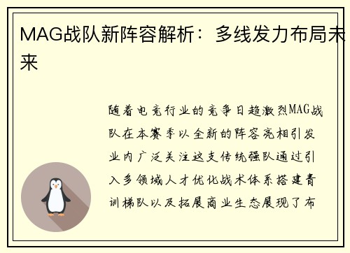 MAG战队新阵容解析：多线发力布局未来