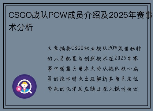 CSGO战队POW成员介绍及2025年赛事战术分析